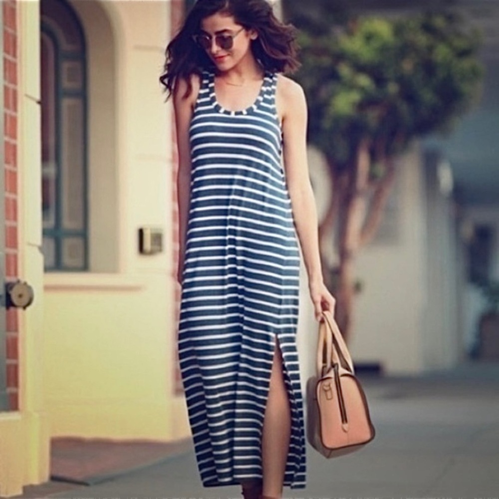 J.CREW Blue and White Stripe Long Stretchy Racerback Dress